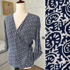 Talbots Navy Swirly Print Flowy Faux Wrap V-Neck Blouse Top